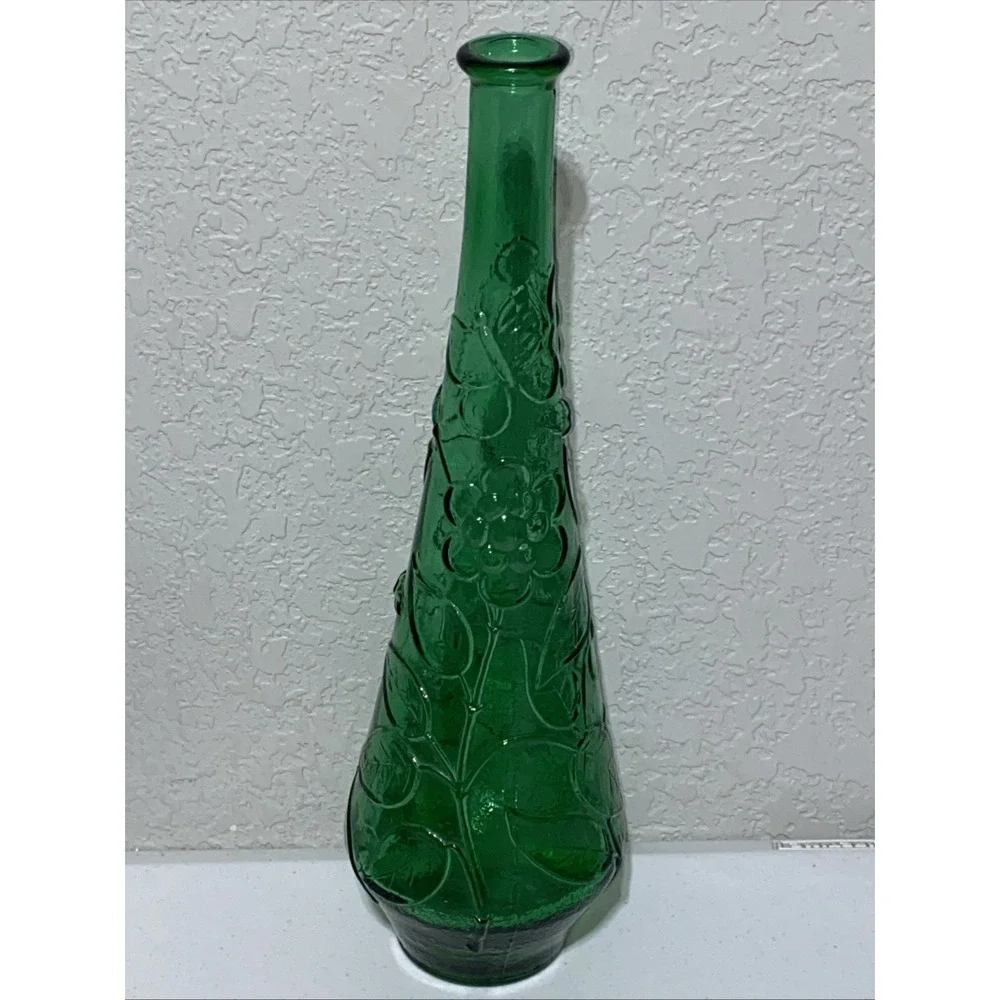 VTG Empoli Made In Italy Green Glass Genie Bottle Textured Decanter Floral Vase